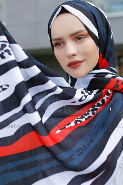 Emel - Marine Blå & Rød Mønstrede Hijab - Sal Evi