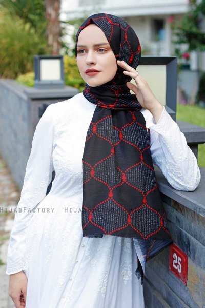 Tutku - Rød & Sort Mønstrede Hijab - Sal Evi