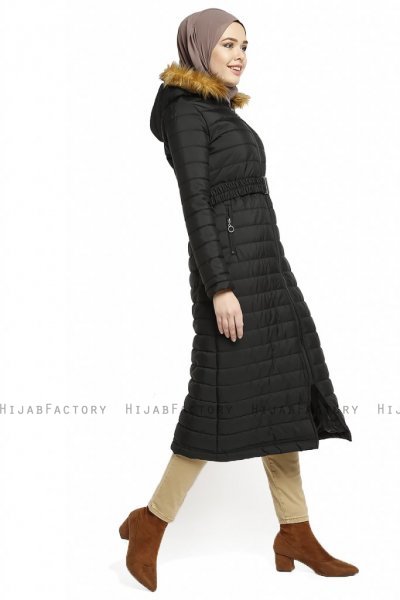 Yeliz - Sort Lang Jakke Med Hætte