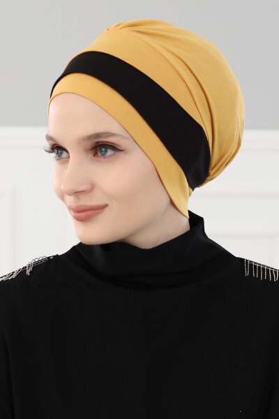 Elsa - Sennepsgul & Sort Bomuld Turban