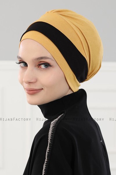 Elsa - Sennepsgul & Sort Bomuld Turban