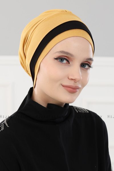 Elsa - Sennepsgul & Sort Bomuld Turban