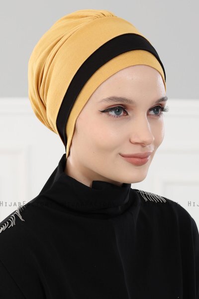 Elsa - Sennepsgul & Sort Bomuld Turban