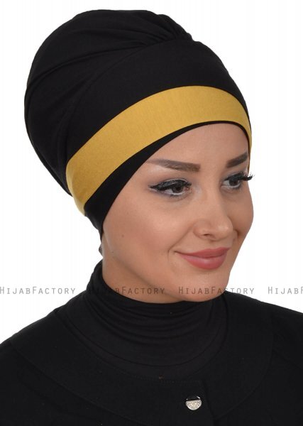 Elsa - Sort & Sennepsgul Bomuld Turban