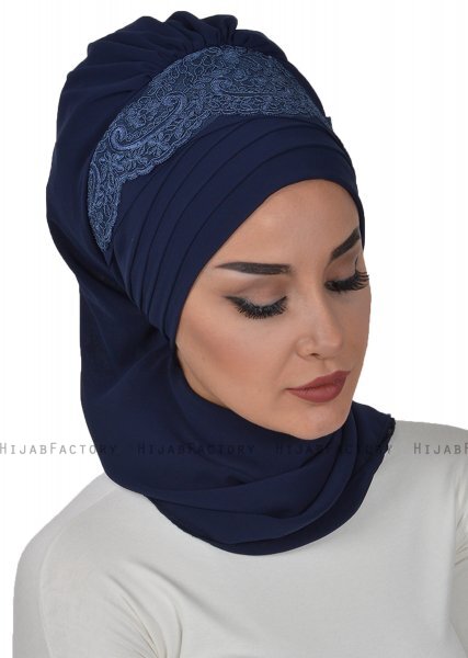 Celine - Marine Blå Chiffon Turban - Ayse Turban