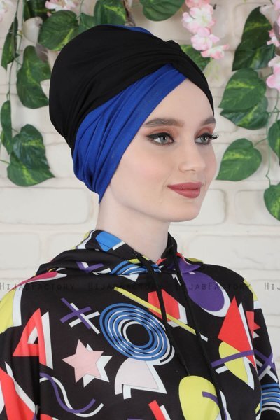 Fiona - Sort & Blå Bomuld Turban