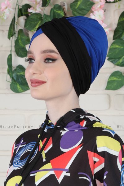 Fiona - Sort & Blå Bomuld Turban