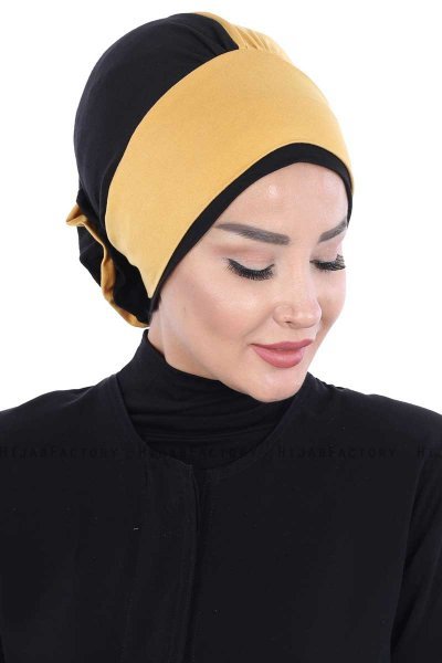 Clara - Sennepsgul & Sort Bomuld Turban
