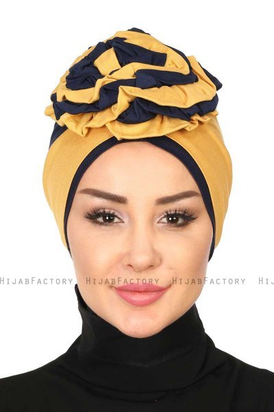 Clara - Sennepsgul & Marine Blå Bomuld Turban