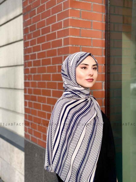 Dalal - Marine Blå & Creme Mønstred Crepe Hijab