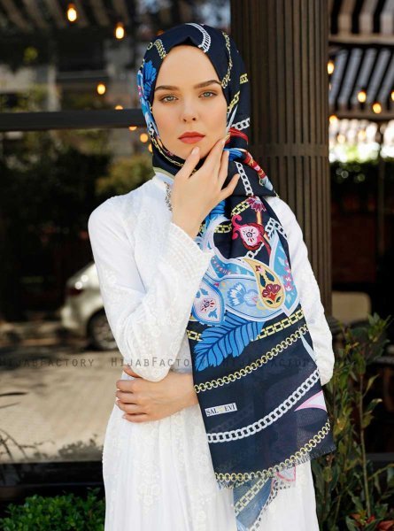 Jumana - Marine Blå Mønstrede Hijab - Sal Evi