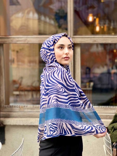 Kadifa - Marine Blå & Beige Mønstred Bomuld Hijab - Mirach