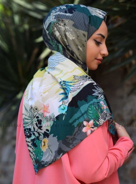 Khawla - Grøn & Khaki Mønstred Bomuld Hijab