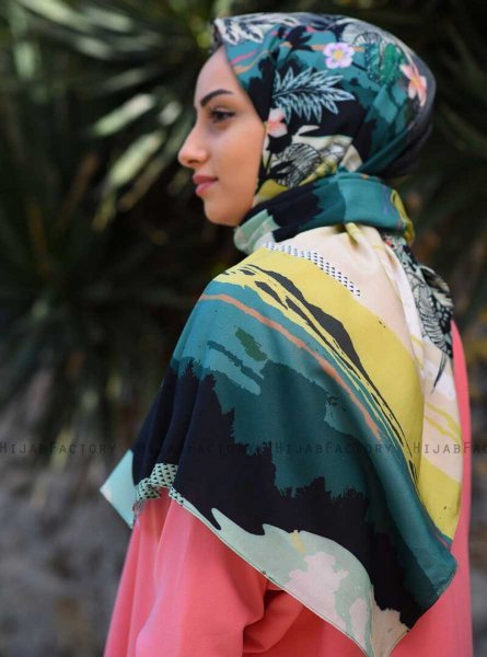 Khawla - Grøn & Khaki Mønstred Bomuld Hijab