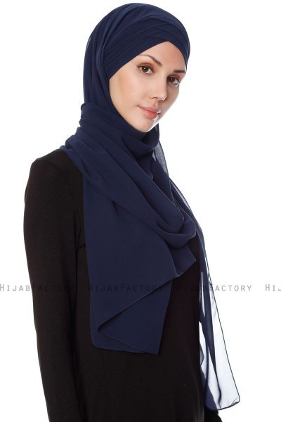 Mehtap - Marine Blå Praktisk One Piece Chiffon Hijab