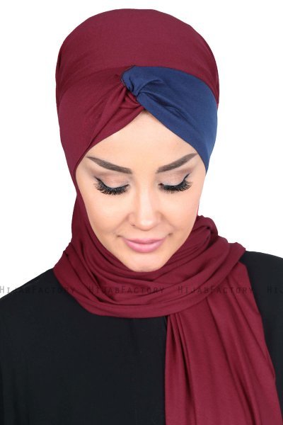 Mikaela - Bordeaux & Marine Blå Praktisk Bumuld Hijab