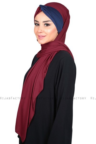 Mikaela - Bordeaux & Marine Blå Praktisk Bumuld Hijab