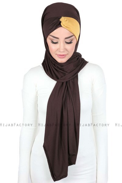 Mikaela - Brun & Sennepsgul Praktisk Bumuld Hijab