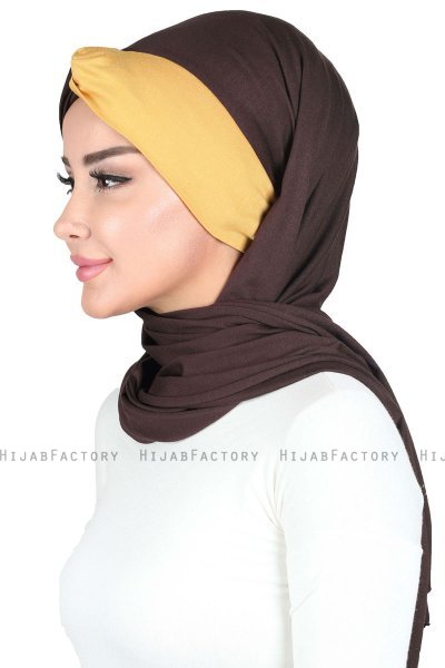 Mikaela - Brun & Sennepsgul Praktisk Bumuld Hijab