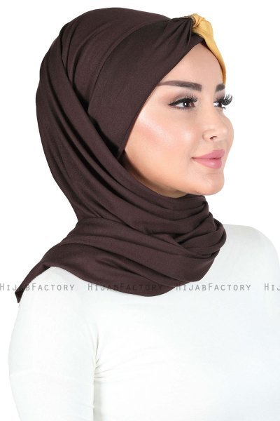 Mikaela - Brun & Sennepsgul Praktisk Bumuld Hijab