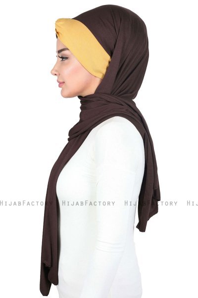 Mikaela - Brun & Sennepsgul Praktisk Bumuld Hijab