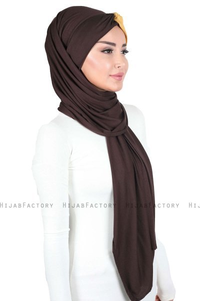 Mikaela - Brun & Sennepsgul Praktisk Bumuld Hijab