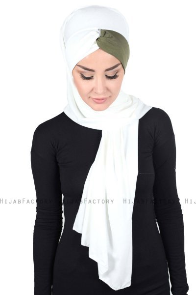 Mikaela - Creme & Khaki Praktisk Bumuld Hijab