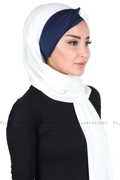 Mikaela - Creme & Marine Blå Praktisk Bumuld Hijab