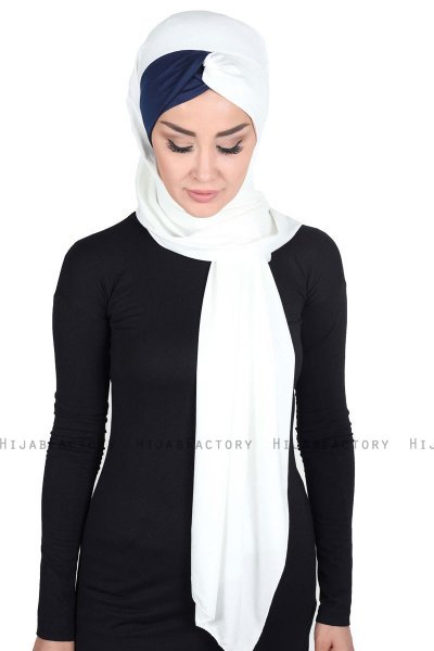 Mikaela - Creme & Marine Blå Praktisk Bumuld Hijab