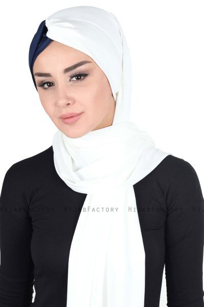 Mikaela - Creme & Marine Blå Praktisk Bumuld Hijab