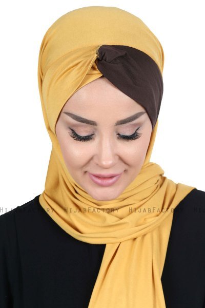 Mikaela - Sennepsgul & Brun Praktisk Bumuld Hijab