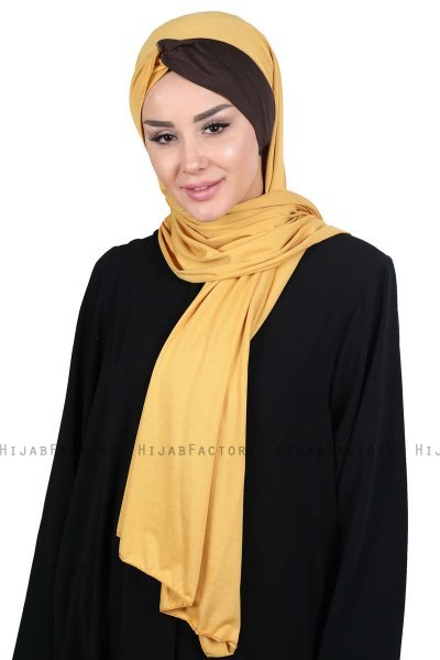 Mikaela - Sennepsgul & Brun Praktisk Bumuld Hijab