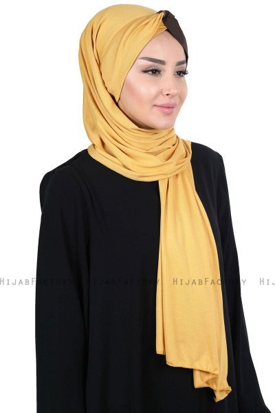 Mikaela - Sennepsgul & Brun Praktisk Bumuld Hijab