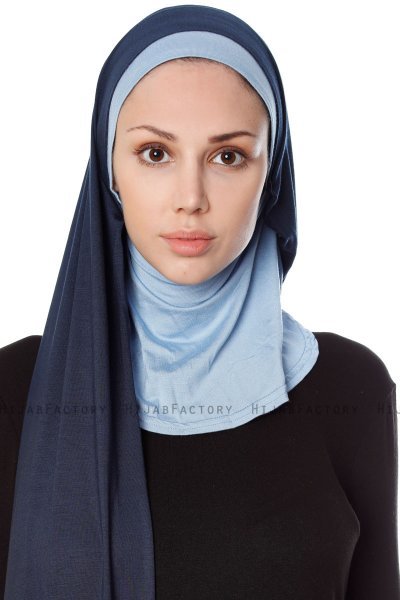 Naz - Marine Blå & Lyseblå Praktisk One Piece Hijab - Ecardin