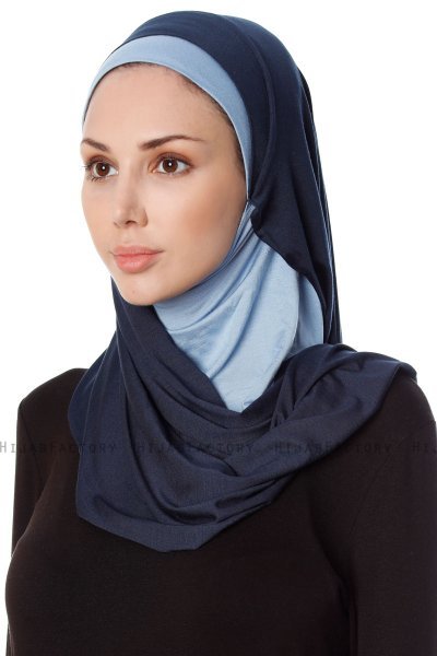 Naz - Marine Blå & Lyseblå Praktisk One Piece Hijab - Ecardin