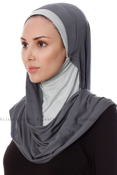 Naz - Mørkegrå & Lysegrå Praktisk One Piece Hijab - Ecardin