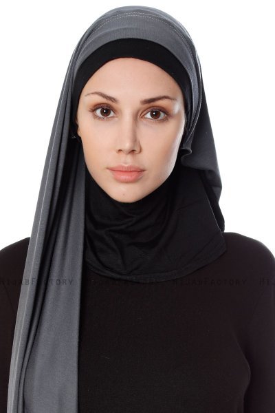 Naz - Mørkegrå & Sort Praktisk One Piece Hijab - Ecardin