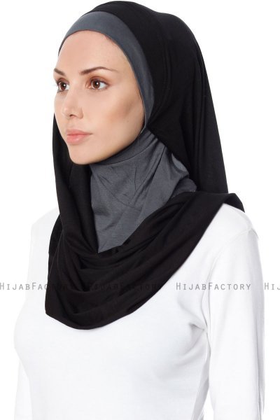 Naz - Sort & Mørkegrå Praktisk One Piece Hijab - Ecardin