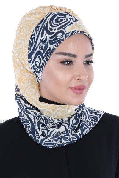 Regina - Marine Blå & Gul Chiffon Instant Turban