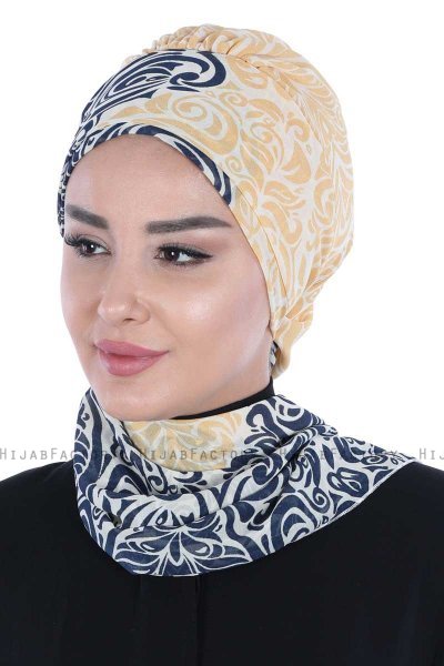 Regina - Marine Blå & Gul Chiffon Instant Turban