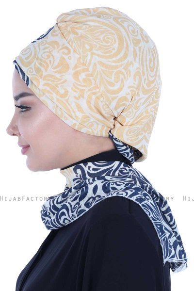 Regina - Marine Blå & Gul Chiffon Instant Turban