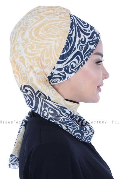 Regina - Marine Blå & Gul Chiffon Instant Turban