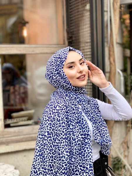 Suha - Marine Blå & Hvid Leopard Mønstred Bomuld Hijab