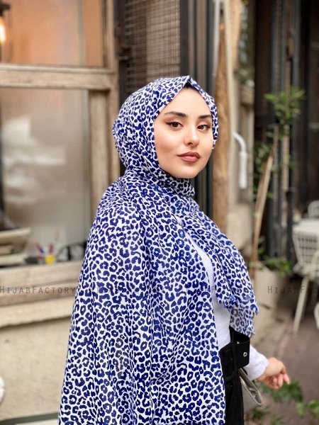 Suha - Marine Blå & Hvid Leopard Mønstred Bomuld Hijab